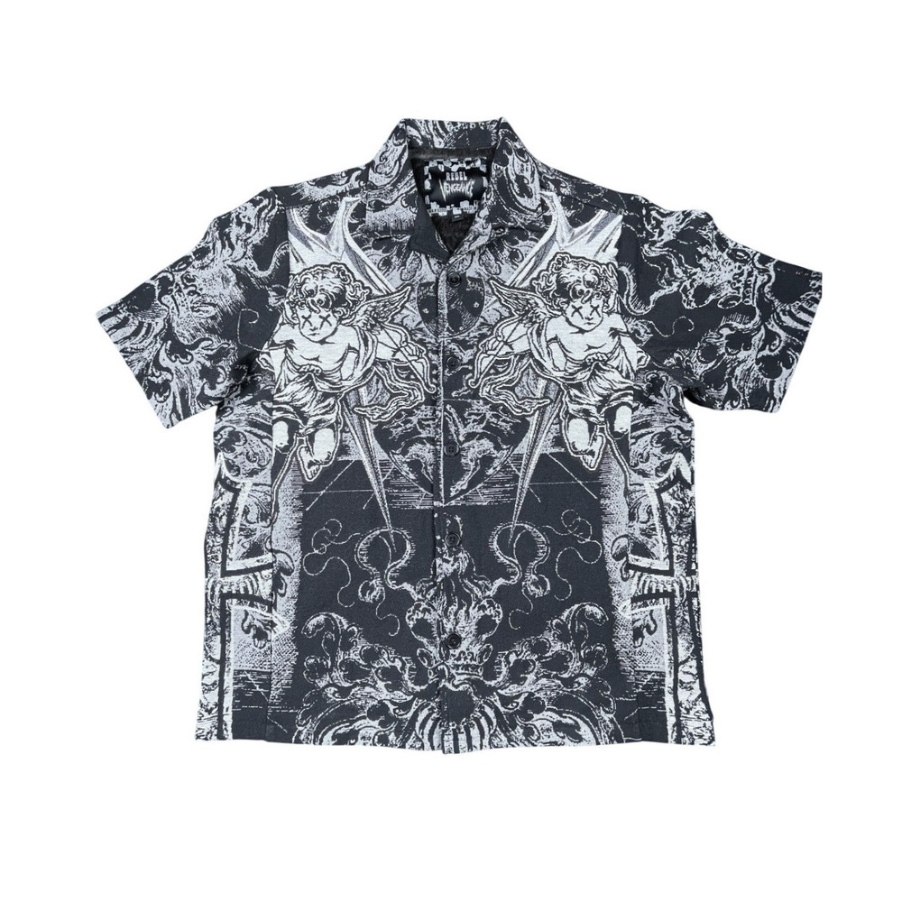 NWT Rebel Vengeance Gothic Baroque Graphic Camp Button Up Shirt Shacket Mens M